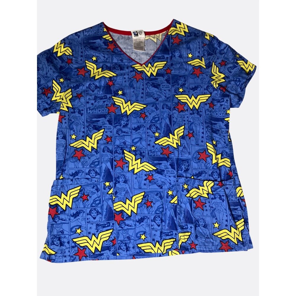 Wonder Woman Scrub Top V-Neck 100% Cotton S/CH Blue Yellow Red Comic Book Print